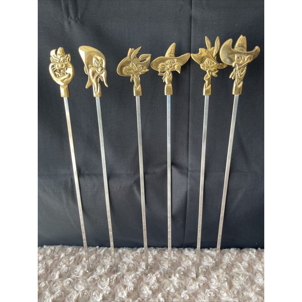 1994 Warner Bros Looney Tunes 15” Stainless Brass skewer sticks Kabob Lot Of 6